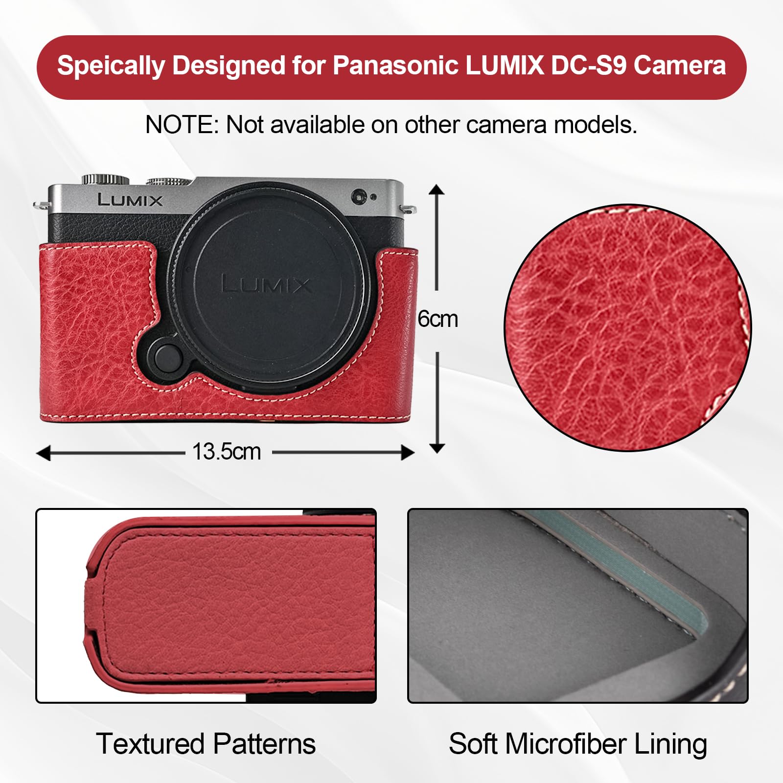 VOVMOEYA Protective Camera Case for Panasonic LUMIX S9,LUMIX DC-S9 Half Case with Soft Microfiber Inner LUMIX S9 Mirrorless Camera Cover Function Well 1/4"-20 Hole Retro PU Litchi Stria-Retro Red - Image 2