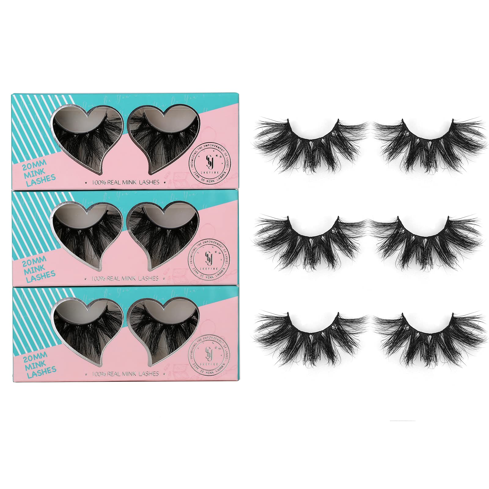 20mm Mink Lashes 3D Real Mink Eyelashes Fluffy Dramatic False Eyelashes 6D Long Thick Soft Reusable Full Volume Strip Eye Lashes (3 Pairs, Honey)