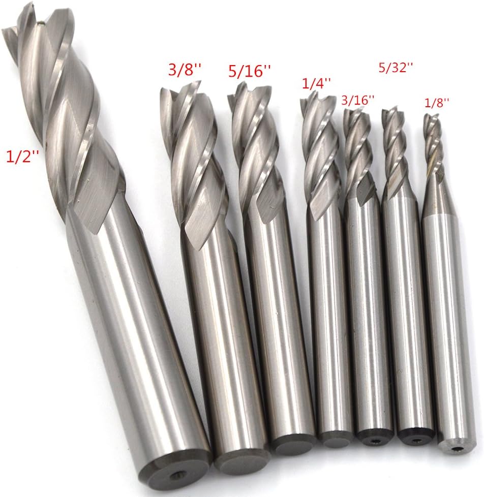 Wokesi Pack of 7Pcs,1/8'' 5/32'' 3/16'' 1/4'' 5/16'' 3/8'' 1/2''Blade Diameter,High Speed Steel (M2AI),Full Grinded,Square Nose End Mill Cutter CNC Router Bits (1/8+5/32+3/16+1/4+5/16+3/8+1/2 4Flute) : Industrial & Scientific