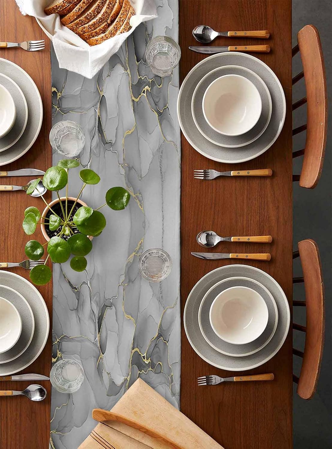Farmhouse Table Runner Abstract Gray Fluid Lines Art Vintage Non Slip Table Runners Dresser Scarves 72" Long, Modern Tabletop Cover Decor for Kitchen Dining Home
