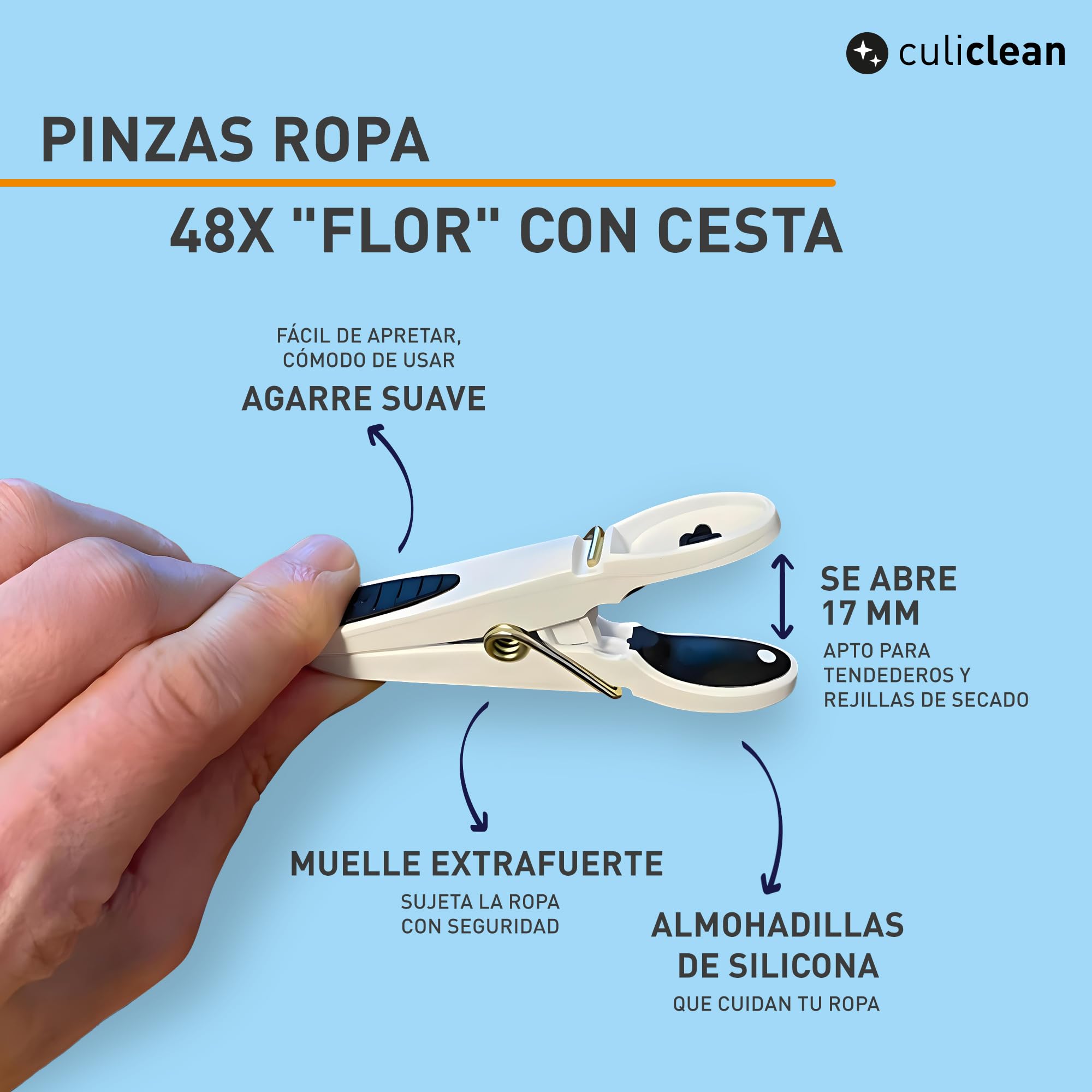 Culiclean - Pinzas para la ropa prémium, varios modelos, plástico, Color blanco y negro con cesta blanca y asa negra., 40 Stück+ 1 Korb