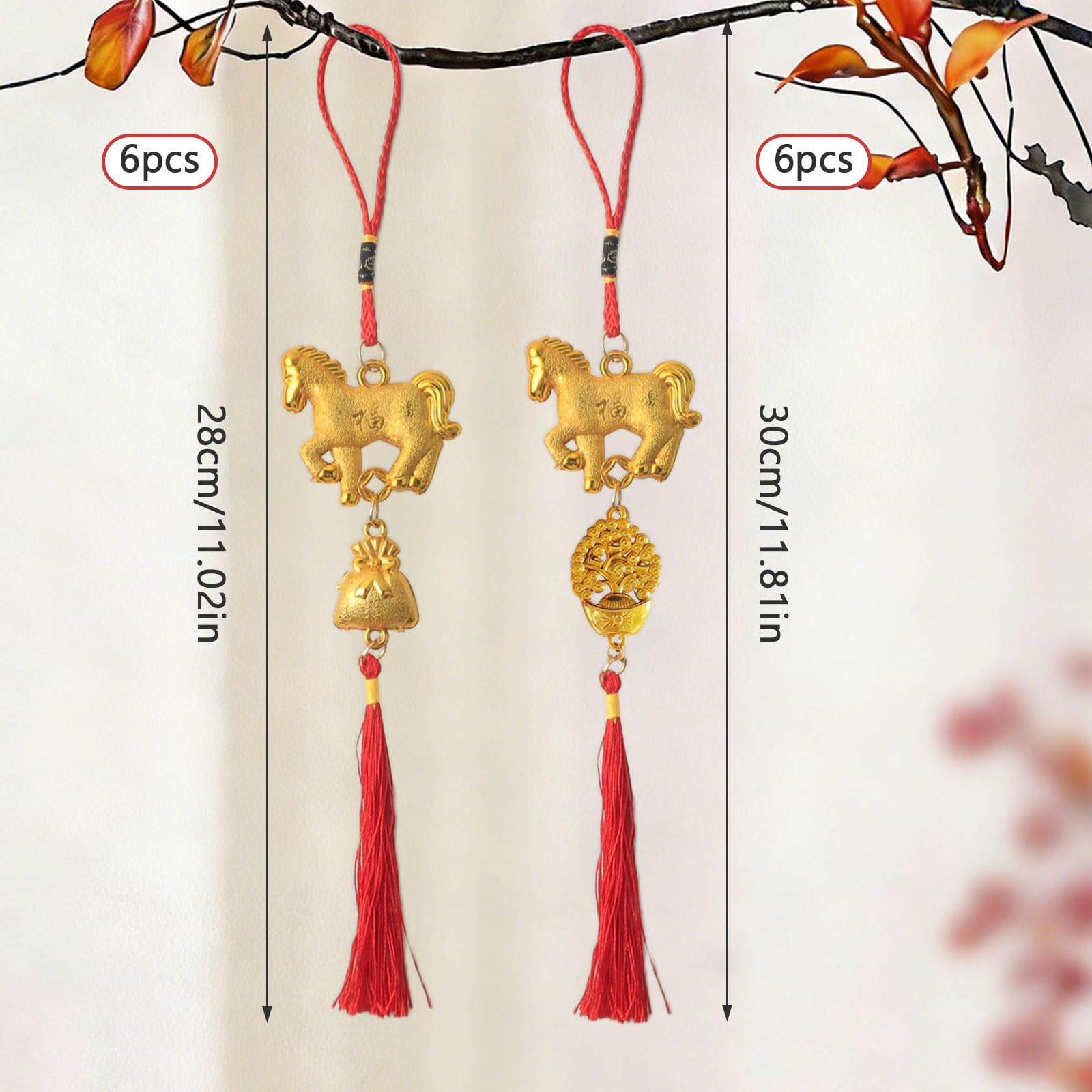 12 sztuk zawieszek z rokiem konia, Feng Shui, chińskie dekoracje noworoczne z chińskimi węzłami i frędzlami, na wiosnę, festiwal, księżyc, Nowy Rok, dekoracja samochodu (złoto-czerwone)