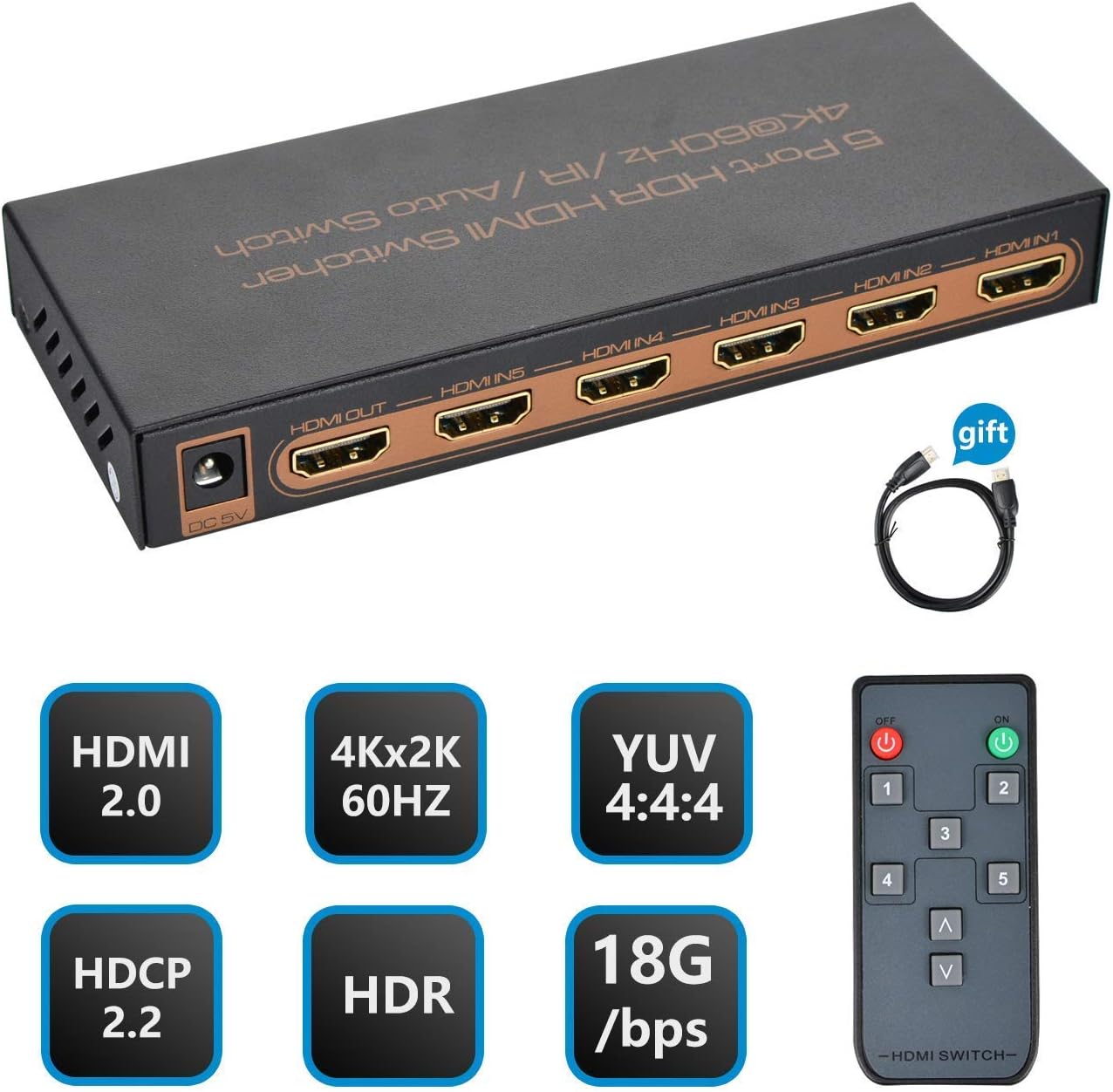 [2020 PRO] 4K 60hz HDMI Switcher, NexTrend 5 Port HDR HDMI 2.0 Switch Hub HDMI Splitter Support 4K@60Hz/2K/1080P/3D with IR Remote Control for TV, Projector Camcorders, Gaming Console
