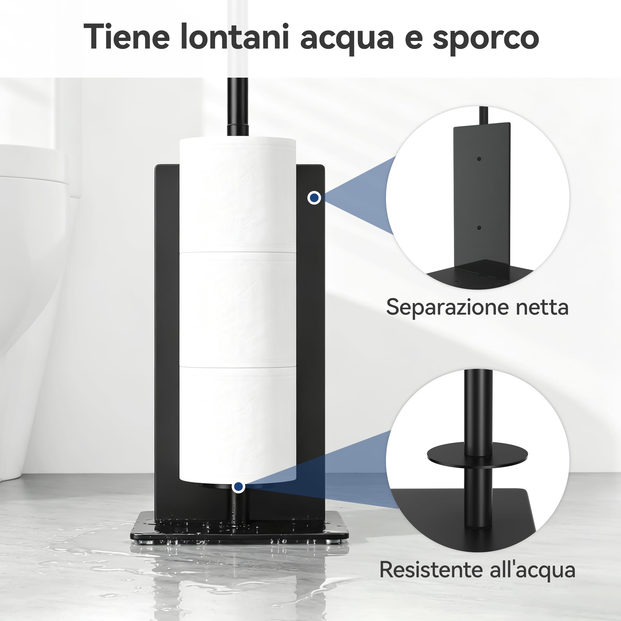Susswiff Piantana Portarotolo e Scopino - Porta Carta Igienica Nero con Vetro, Acciaio Inox Portarotolo Carta Igienica con Spazzolino WC, Porta Rotoli Cartaigienica Bagno con Porta Scopino, in Piedi
