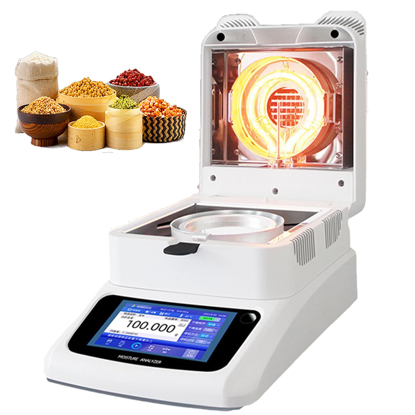Humidimètre halogène Portable, analyseur d'humidité, lisibilité de l'humidité 0,01%/3 Modes de séchage/3 Options d'arrêt/40-230 °C, pour des Tests Rapides dans Les Aliment Weighing Resolution 0.001g