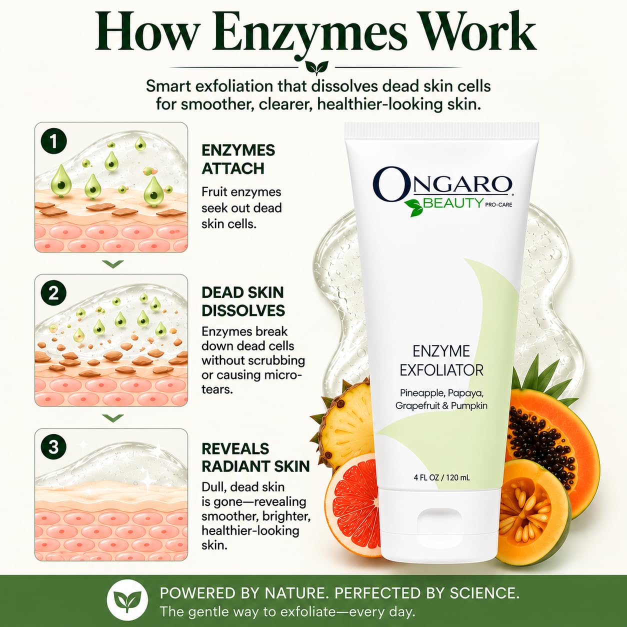 Ongaro Beauty ekologiczny peeling enzymatyczny; delikatnie usuwa obumarły naskórek, najlepszy środek do czyszczenia skóry twarzy zapobiegający starzeniu się skóry z technologią probiotyczną, aloes, komórki macierzyste jabłka i peptydy; 4 oz