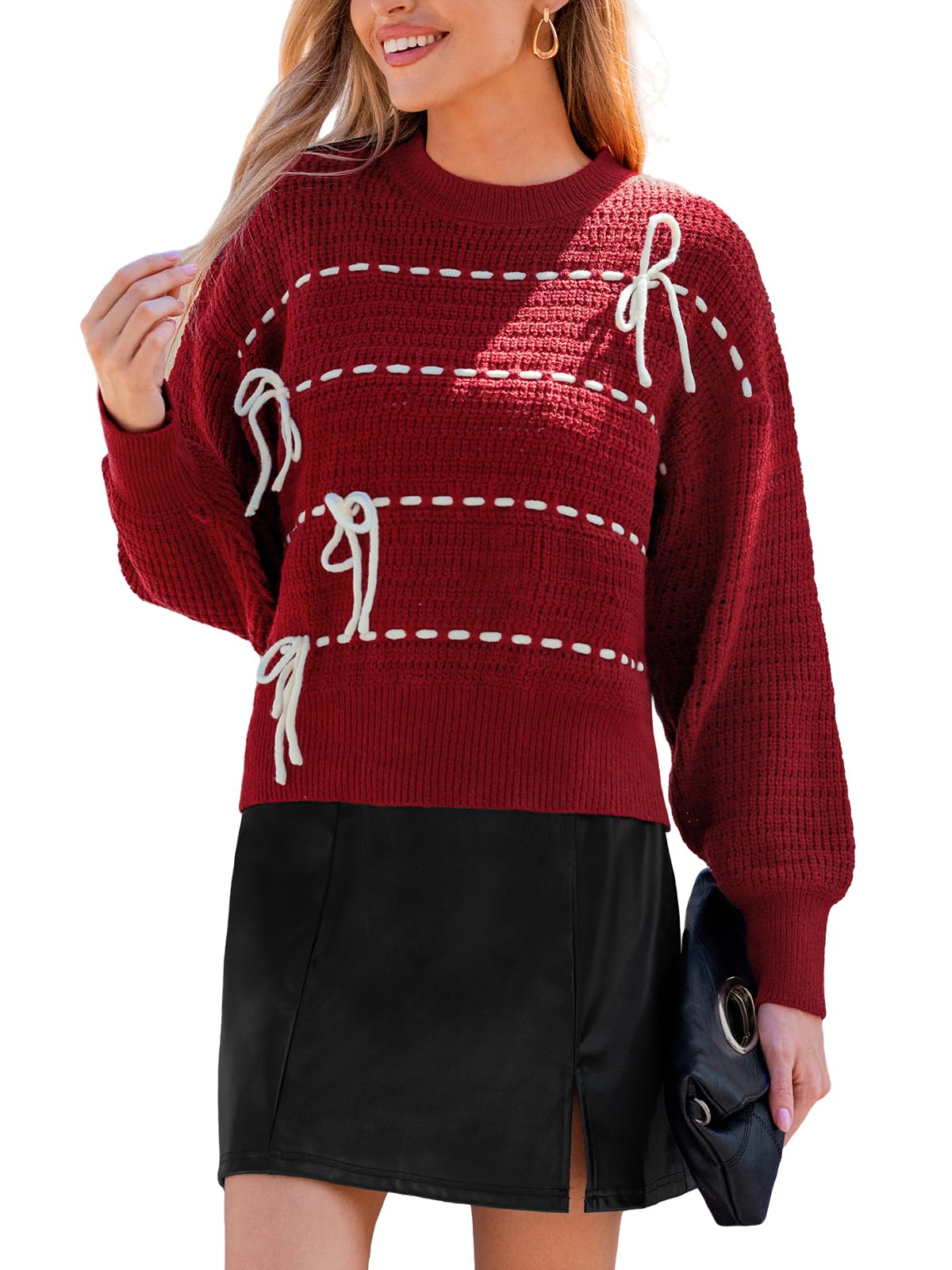 Womens Knit Sweater Crew Neck Long Sleeve Pullover Contrast Stitching Bow Tie Fall Winter Casual