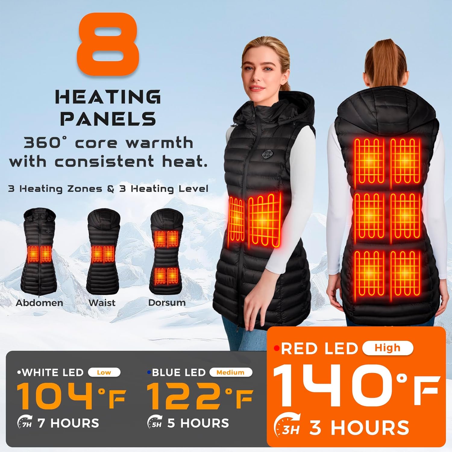 Heated Vest for Women With Battery Pack - Puffer Long Heating Vests, 8 Heating Zone Warm Hooded Heated Vest Jacket for Hiking - Image 3