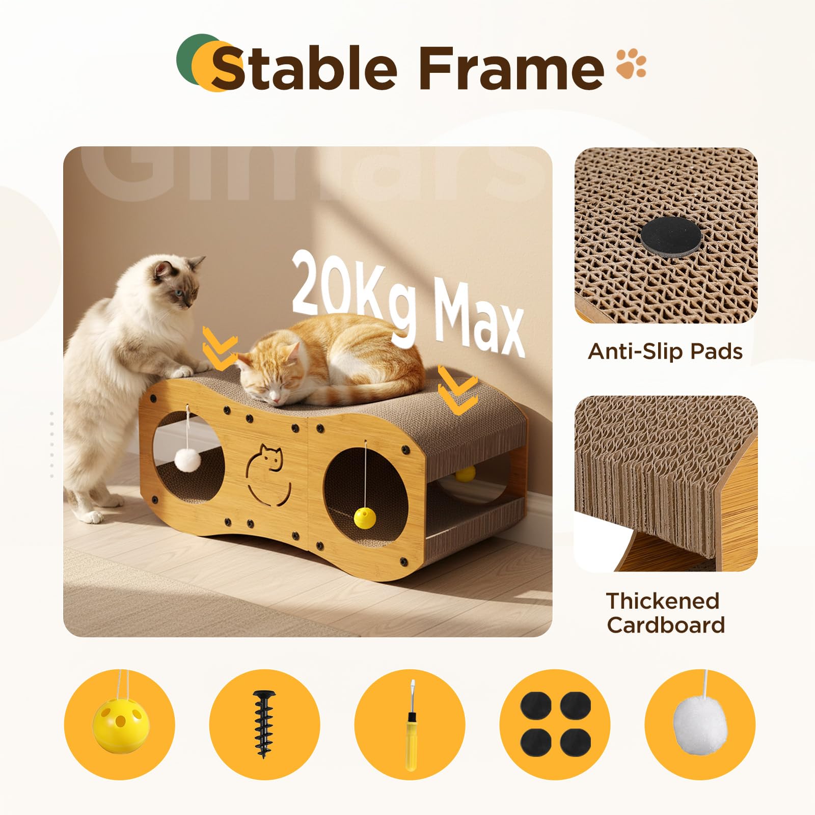 Gimars Rascador para Gatos 3 en 1 con Túnel, Rascador de Cartón para Gatos con Pelotas, Protección de Muebles, Estilo Madera, Natural