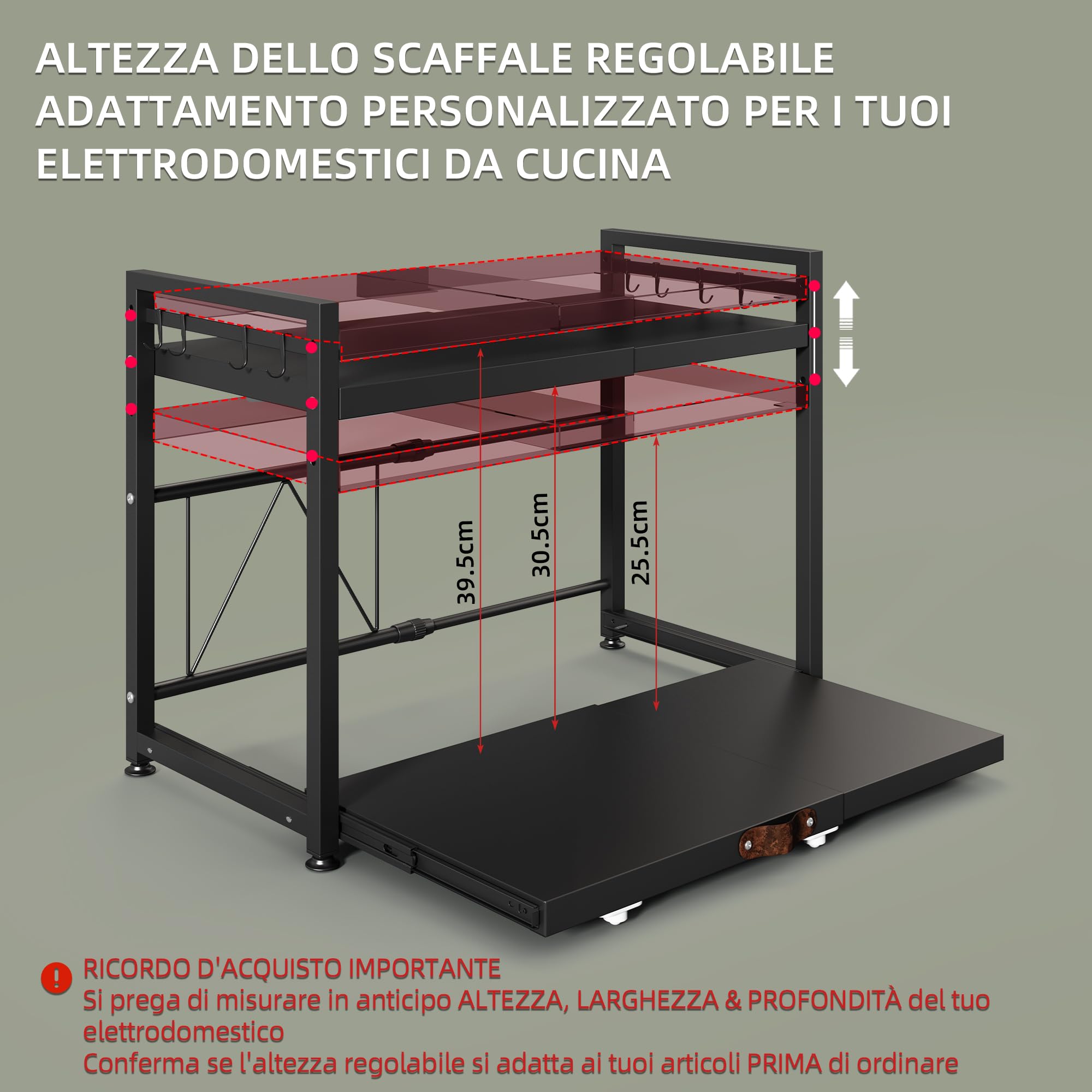 NETEL allungabile mensola microonde a 2 Livelli,ripiano per microonde,scaffale cucina salvaspazio,Organizzatore di Stoccaggio per Cucina con 8 Ganci, Nero