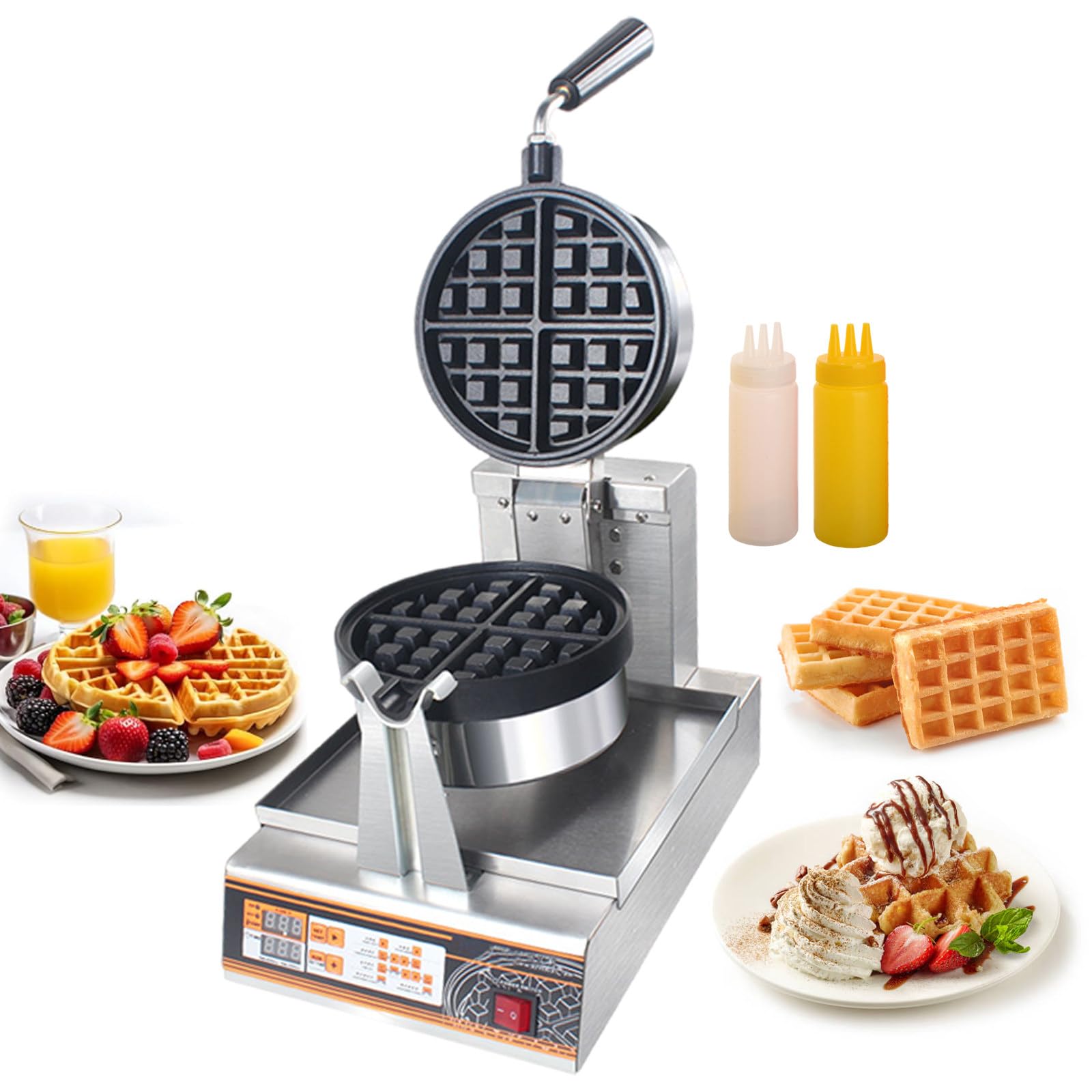 Gofrera Comercial De Doble Cara De 1200 W | Gofrera Redonda Profesional - Placas Antiadherentes, para Comida para Llevar, Pastelerías Y Chefs Domésticos, con Botella Flexible