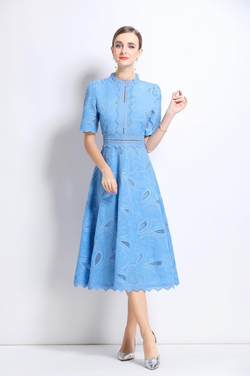 LAI MENG FIVE CATS Women's Lace Hollow Short Sleeve Crochet Waist Embroidy Cocktail Midi Dress