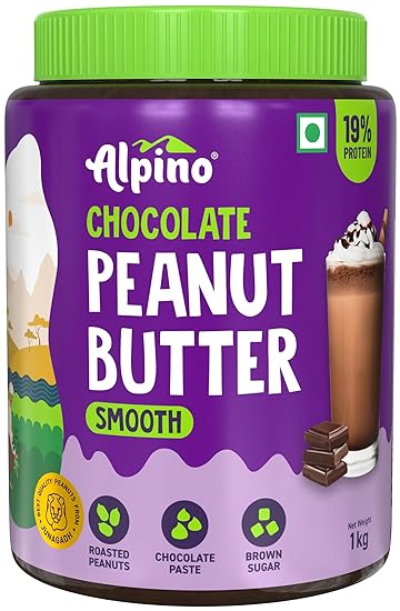 ALPINO Chocolate Peanut Butter Smooth 1kg - Roasted Peanuts, Chocolate Paste, Brown Sugar & Sea Salt - 24g Protein, non-GMO, Gluten Free, Vegan  Plant Based Peanut Butter Creamy