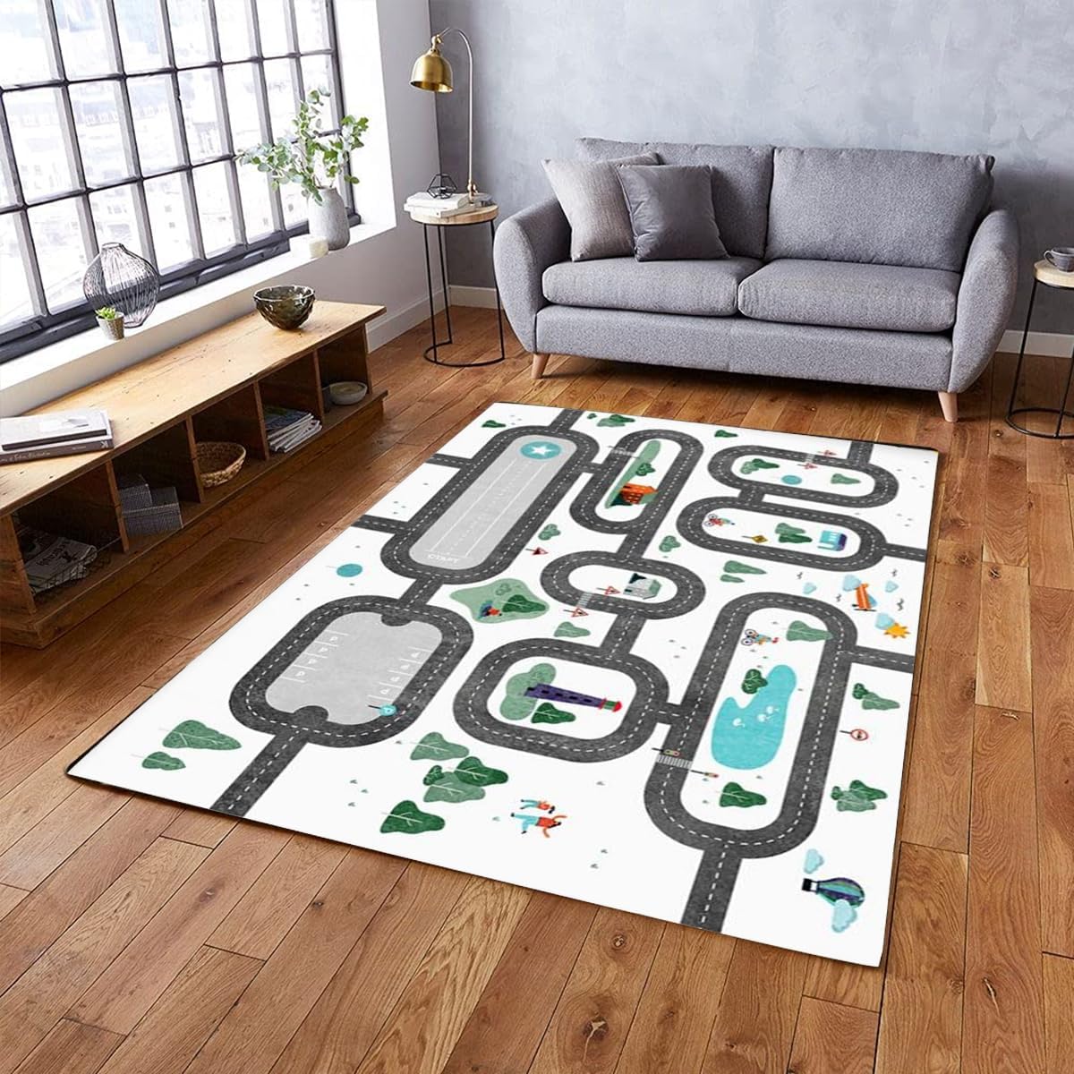 Interactive Road Map Play Rug for Kids, Baby Play Rug, Road Track Rug, Fun and Educational Playtime Mat, Gift for Children, Gift for Kids' Room Decor (2XL= 62 * 108inch 158 * 274cm)