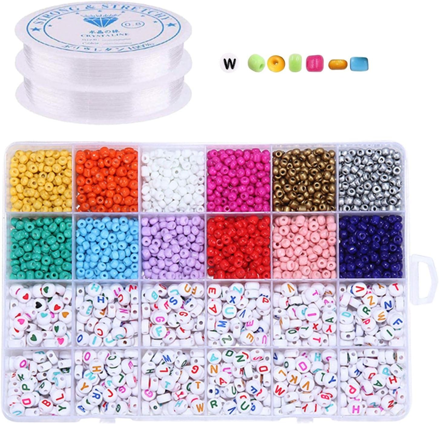3mm Glass Seed Beads Kit for Bracelets and Jewelry Making - 12 Colors Alphabet Heart Beads, Elastic String Cords - DIY Crafts Supplies Set - Set 2