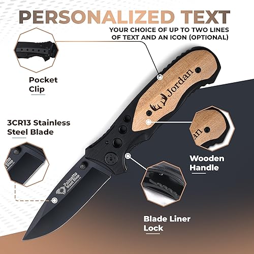 Miniatura 2 de Palmetto Wood Shop Cuchillo de bolsillo  Cuchillo personalizado grabado con láser, regalo para hombres, cuchillo plegable para transporte diario,