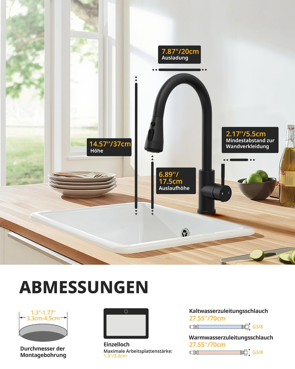 Hiqufet Küchenarmatur, Ausziehbarer Wasserhahn mit Edelstahl-Sprühbrause und 3 Sprühfunktionen, 360° schwenkbar, Einhebelmischer, Matt Schwarz