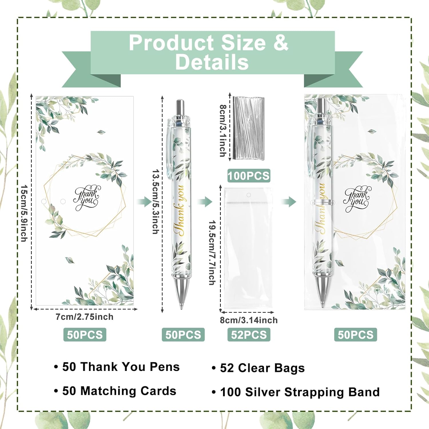 Auch Wedding Favors for Guests – 50 Set Elegant Botanical Thank You Ballpoint Pens with Matching Cards & Bags, Bridal Shower & Wedding Thank You Gifts