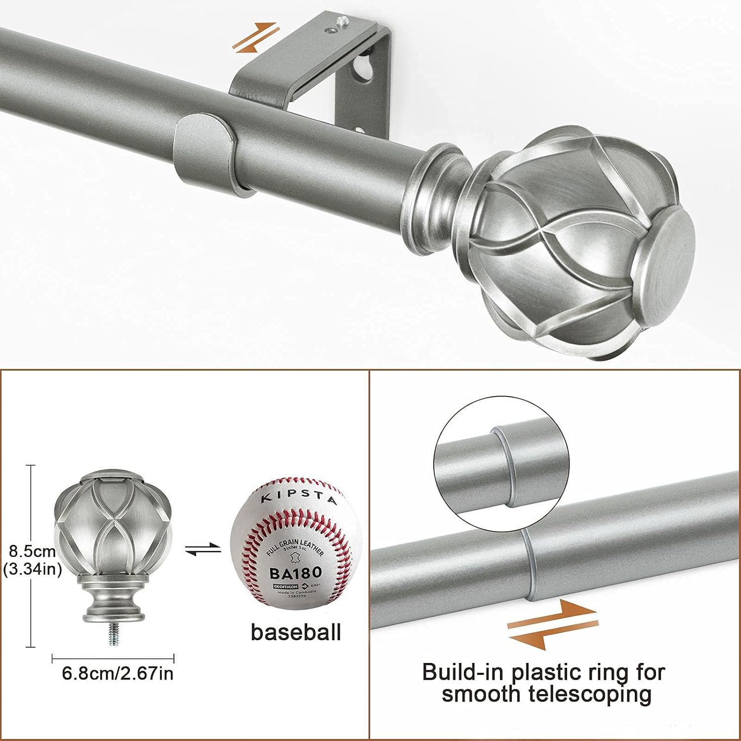 KAMANINA Bundle of 72-144 Inches (6-12 Feet) Curtain Rod and Matched Brackets, Netted Texture Finials, Silver : Home & Kitchen