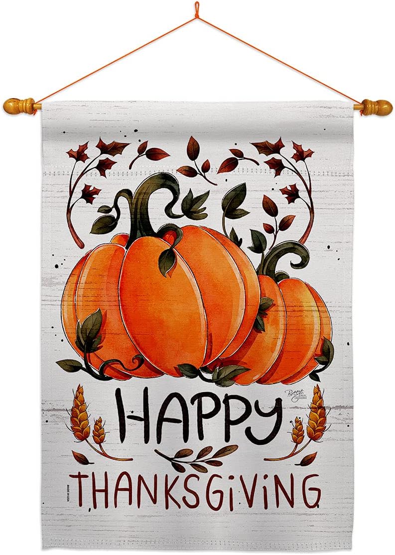 Thanksful Blessed House Flag Dowel Set Falltime Thanksgiving Turkey Give Thanks Gobble Pumpkin Season Autumntime Cornucopia Small Decorative Gift Yard Banner Made In USA 28 X 40