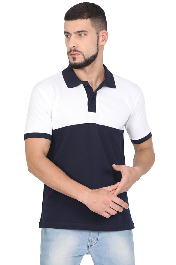 FLEXIMAA Men's Cotton Color Block Polo Neck Half Sleeve WhiteNavyBlue Color T-Shirt S Size