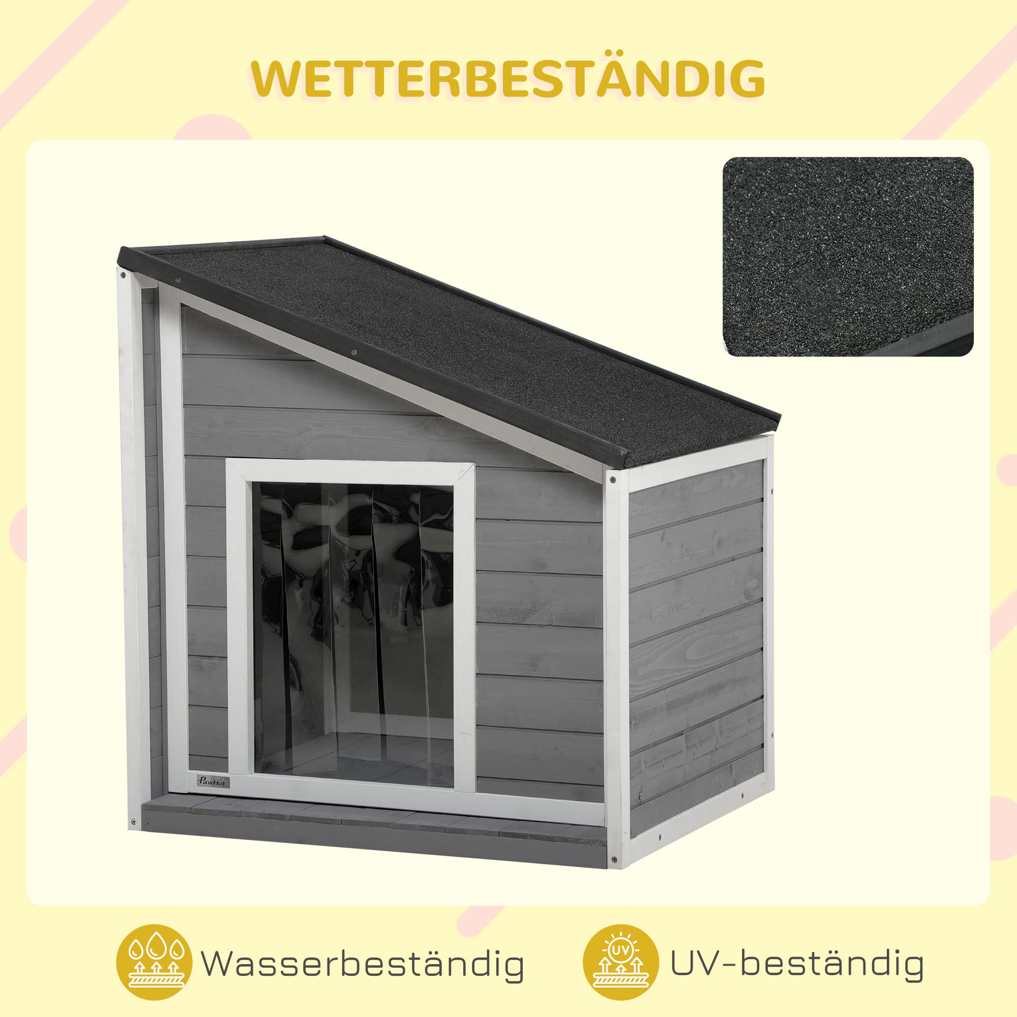 PawHut Hundehütte Outdoor aus Holz, Hundehaus mit zu öffnendem Asphaltdach und Türvorhang, Wetterbeständig Kleintierhaus für kleine Hunde, draußen, Grau, 71 x 58 x 53/77 cm