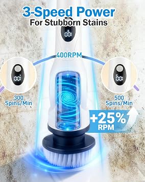 Electric Spin Scrubber, 3-Speed Cordless Shower Scrubber with 90 Adjustable & 10 Replaceable Brush Heads, 90 Mins Runtime & Full-Body IPX7 Waterproof Shower Cleaner Brush with Long Handle