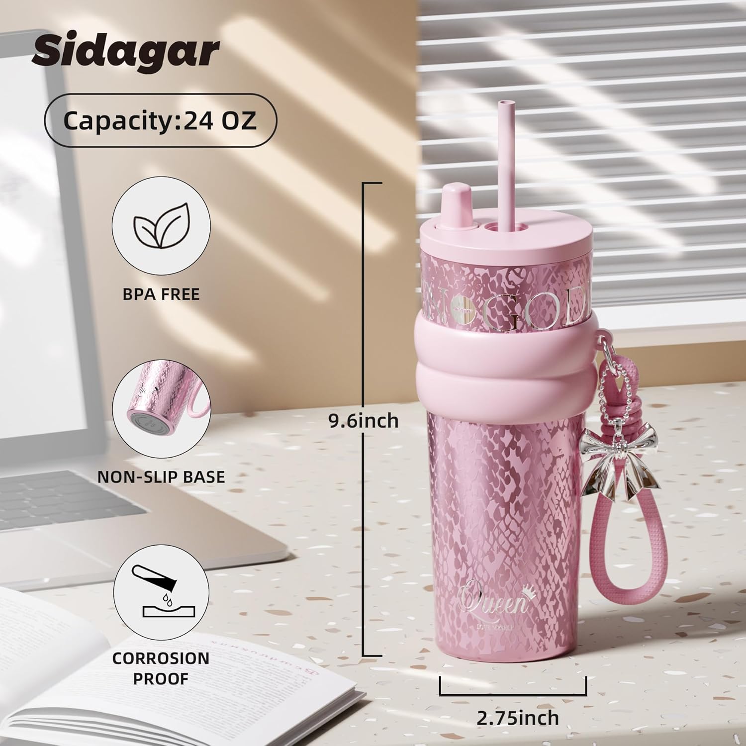 24 oz Stainless Steel Tumbler with Lid and Straw, Insulated Water Bottle Leak Proof for Hot and Cold, Portable Travel Coffee Mug, Reusable Coffee Cup for Women, Blush Pink - Image 2