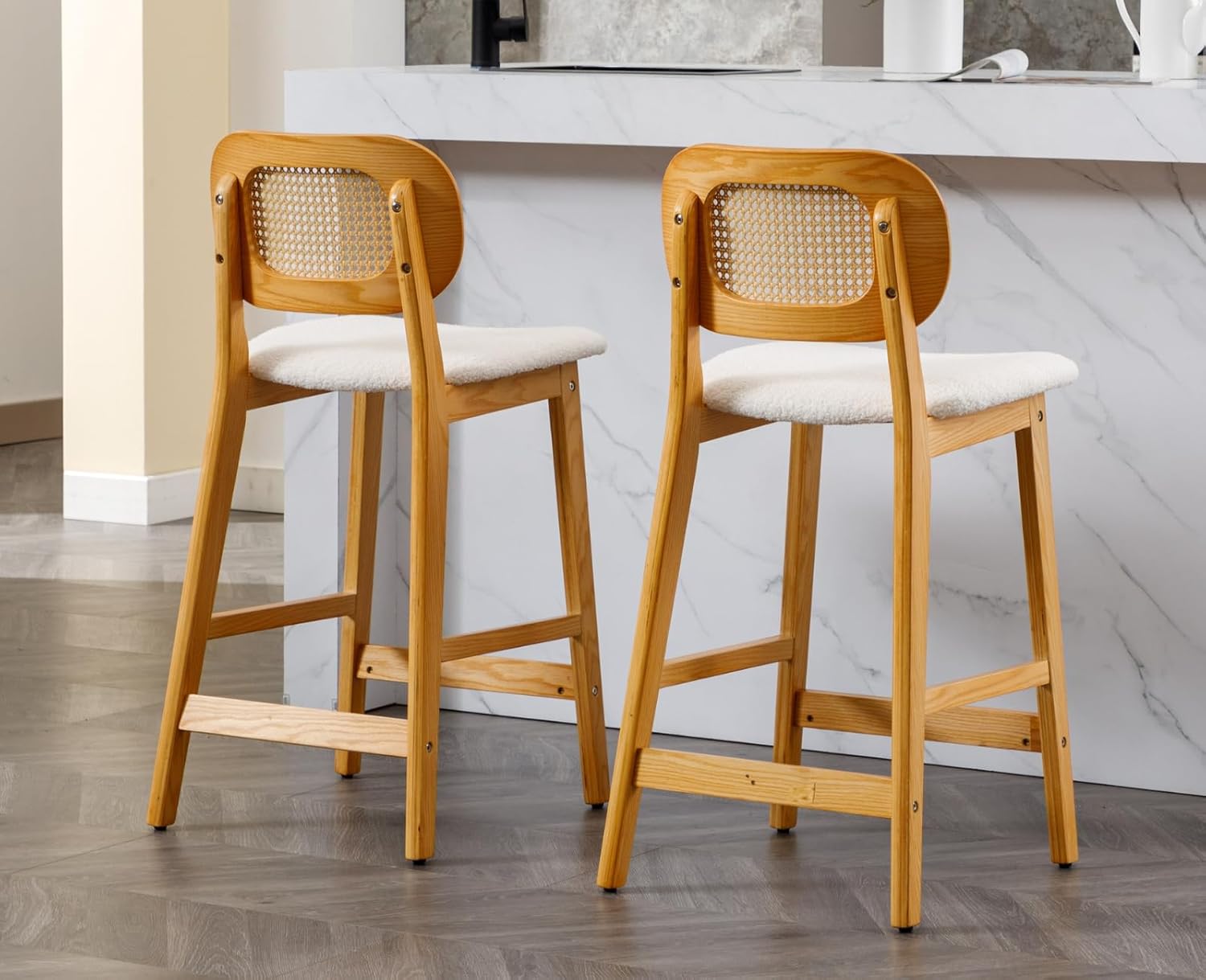 EALSON Counter Height Bar Stools Set of 2 Rattan Back Farmhouse Barstools Mid Century Modern Wood Bar Chairs Comfortable Sherpa Upholstered Kitchen Island Chairs for Pub/Breakfast, Beige