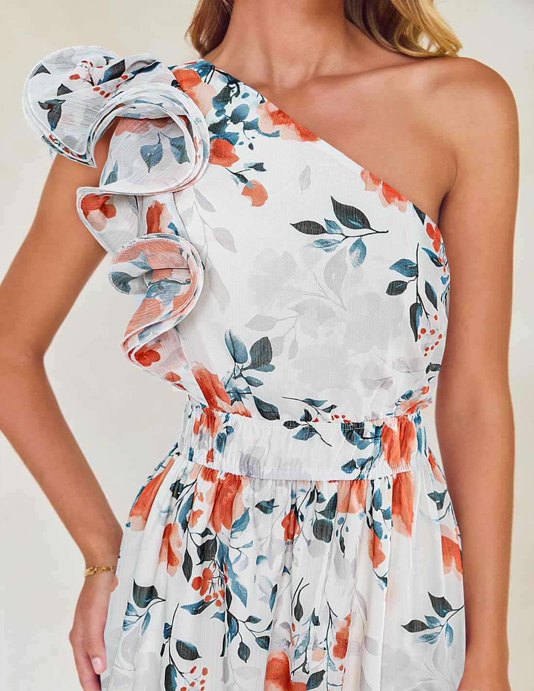 ZESICA Women's 2026 Boho Floral Sleeveless Maxi Dress Ruffle One Shoulder Elatsic High Waist Beach Party Long Dresses - Image 4