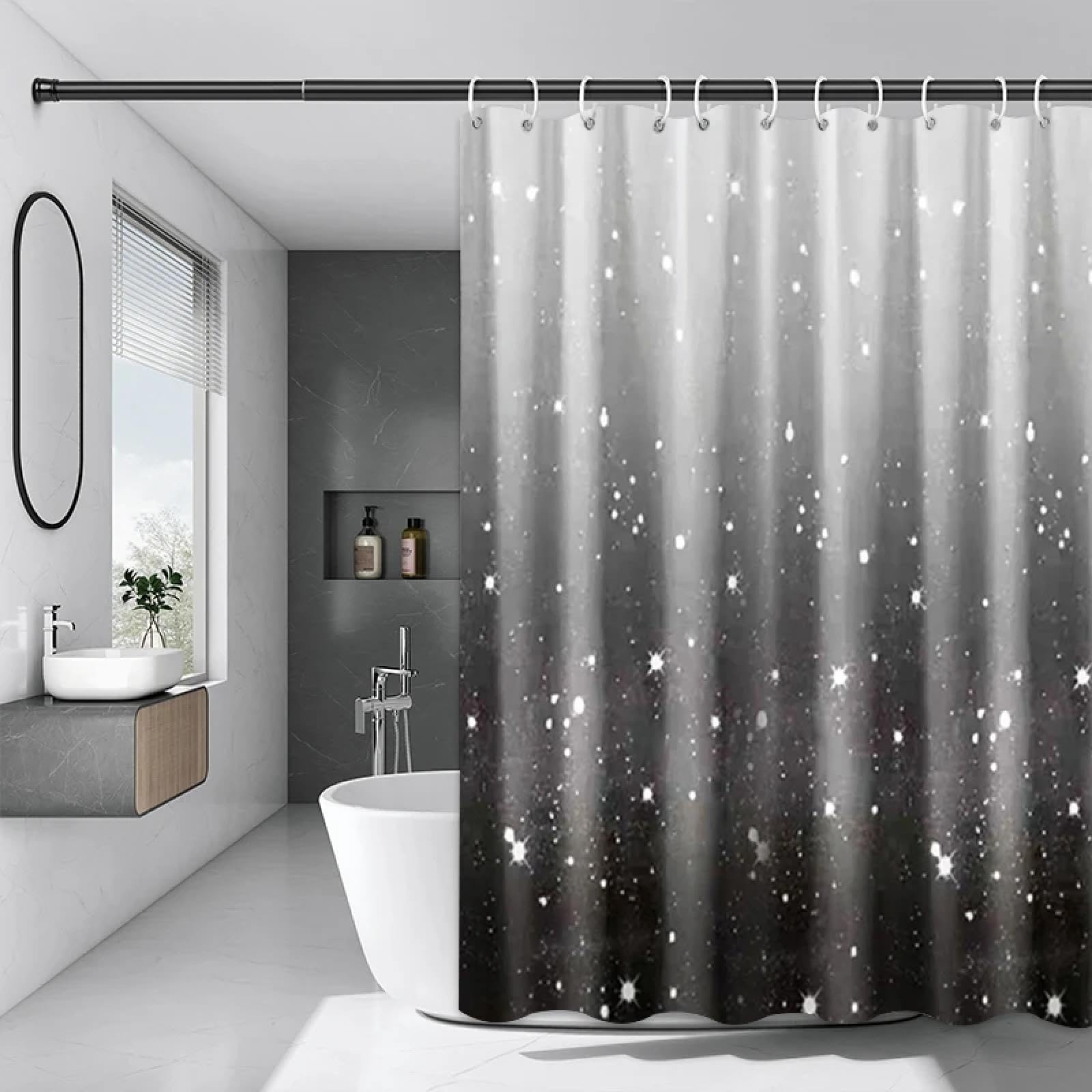 Rideau de douche style moderne et graphique pour une salle de bain de studio épurée