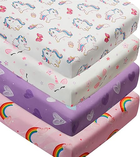 Paquete de 4 sábanas suaves para cuna para colchón de cuna estándar, diseño de arco iris, corazón, lindo poliéster neutro, unisex, juego de sábanas