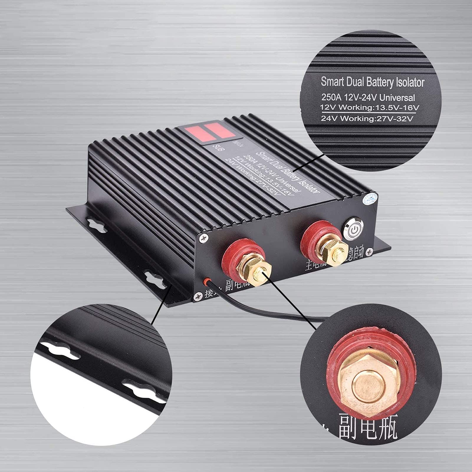 Aislador inteligente de batería dual Relé sensible al voltaje de 250 A, relé de carga dividida automática de 12 V y 24 V con cuerpo de aleación de aluminio para