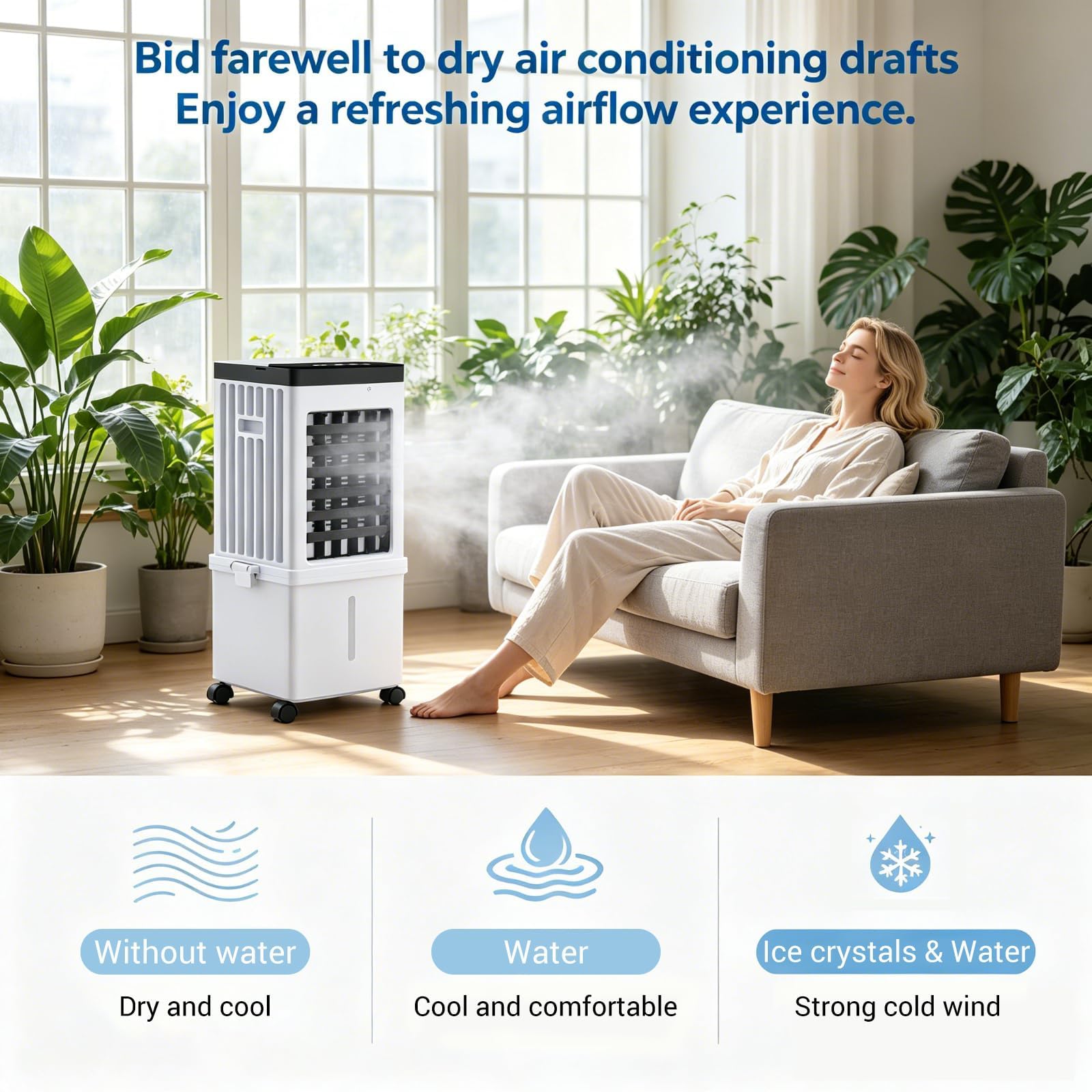 Climatiseur Mobile Sans Évacuation 15L, 3-en-1 Rafraîchisseur d'Air Évaporatif Silencieux avec Télécommande, Ventilateur Brumisateur & Humidificateur, 3 Modes, Oscillation 120° Pour Maison Bureau