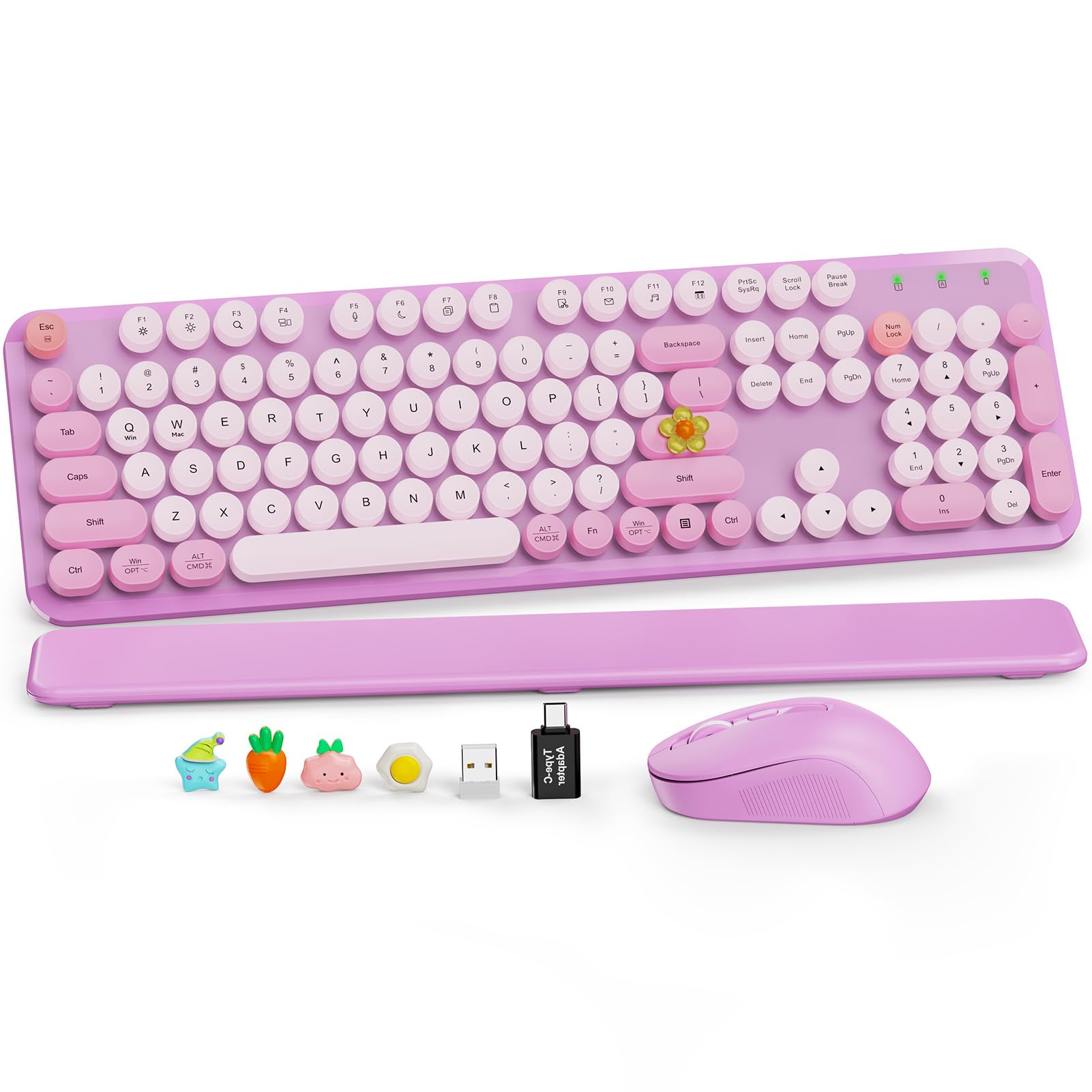 Wireless Keyboard and Mouse Combo-Round Keycaps, Full-Size Retro Typewriter Keyboard with Detachable Wrist Rest, Sleep Mode & Tilt Legs, 2.4GHz Cordless Connection for Mac/Windows/PC (Lavender Purple)-image-7