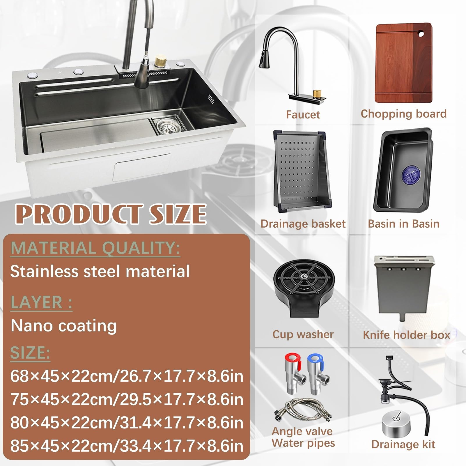 Lavello Da Cucina Multifunzionale In Acciaio Inox A Cascata, Lavello Da Postazione Di Lavoro Di Grande Capacità, Lavello A Vasca Singola Da Montare In Alto, Con Pomello Di Scarico E Accessori Completi