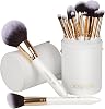 OMANIAC Set de brochas de maquillaje profesional, 12 brochas con mango de madera nacarado, cerdas sintéticas premium libres de crueldad, set de brochas de viaje con estuche (blanco), fibra sintética 1