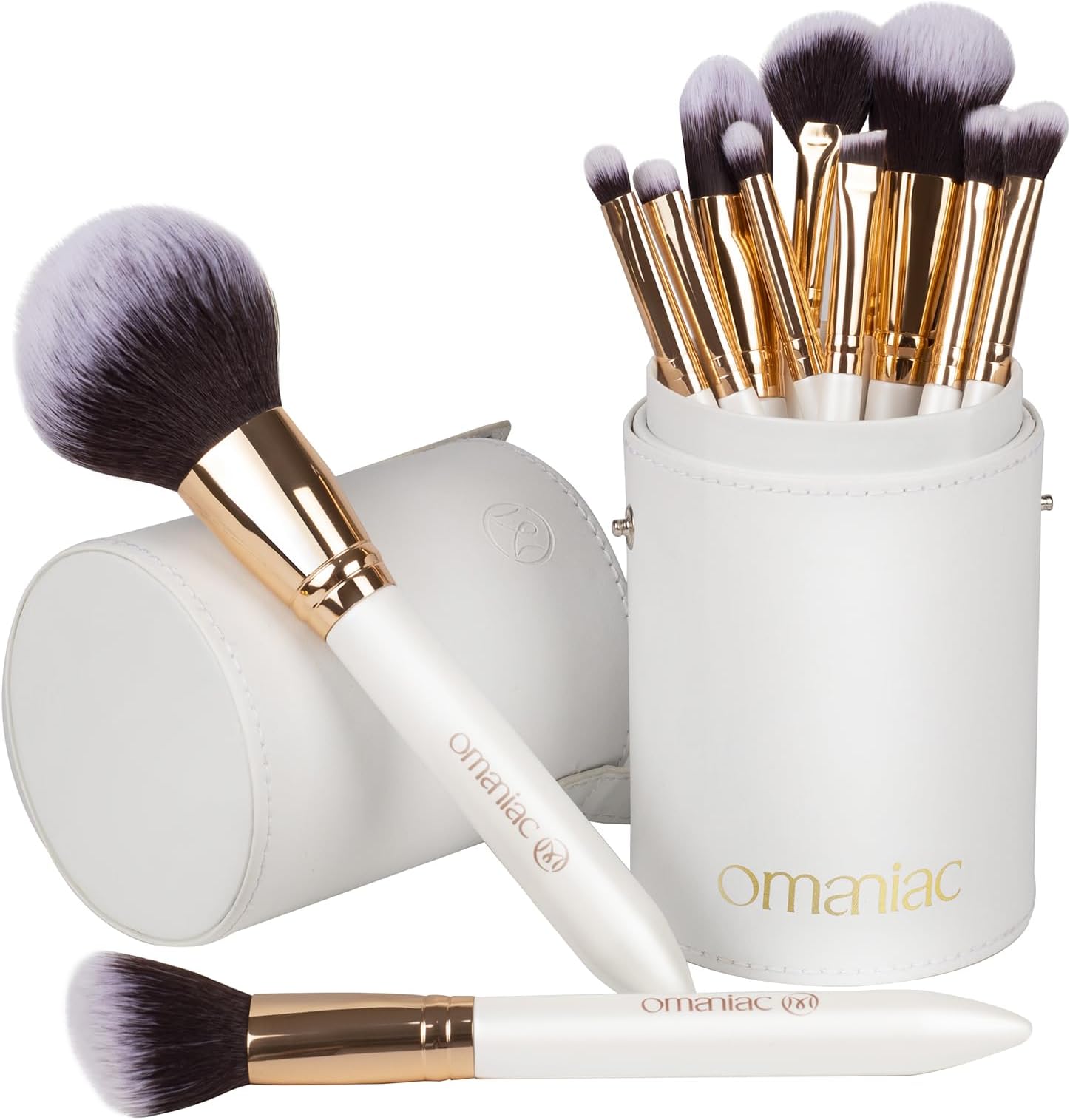 OMANIAC Makeup Brush Set Professional, 12 Pearlescent Wood Handle Makeup Brushes, Premium Cruelty-Free Synthetic Fiber Hair, Travel Make up Brushes Set with Case (White).