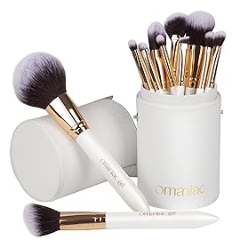 OMANIAC Makeup Brush Set Professional, 12 Pearlescent Wood Handle Makeup Brushes, Premium Cruelty-Free Synthetic Fiber Hair, Travel Make up Brushes Set with Case (White).