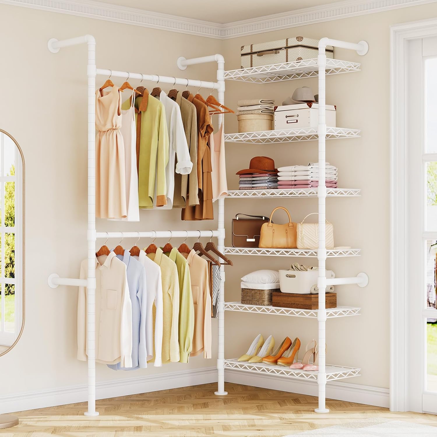 ONBRILL H2 Wall Mounted Clothing Rack, Expandable Industrial Pipe Clothes Rack Garment Racks for Hanging Clothes, Heavy Duty Closet Organizers and Storage in Closet System, White