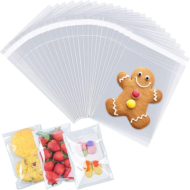200 Pcs cellophane bags 5x7 Inches Crystal Clear Plastic parties Treat Bags, Self-Sealing sweet bags for Cookies, Sweets, Gifts, Jewelry, Candy, Soap, and Candles