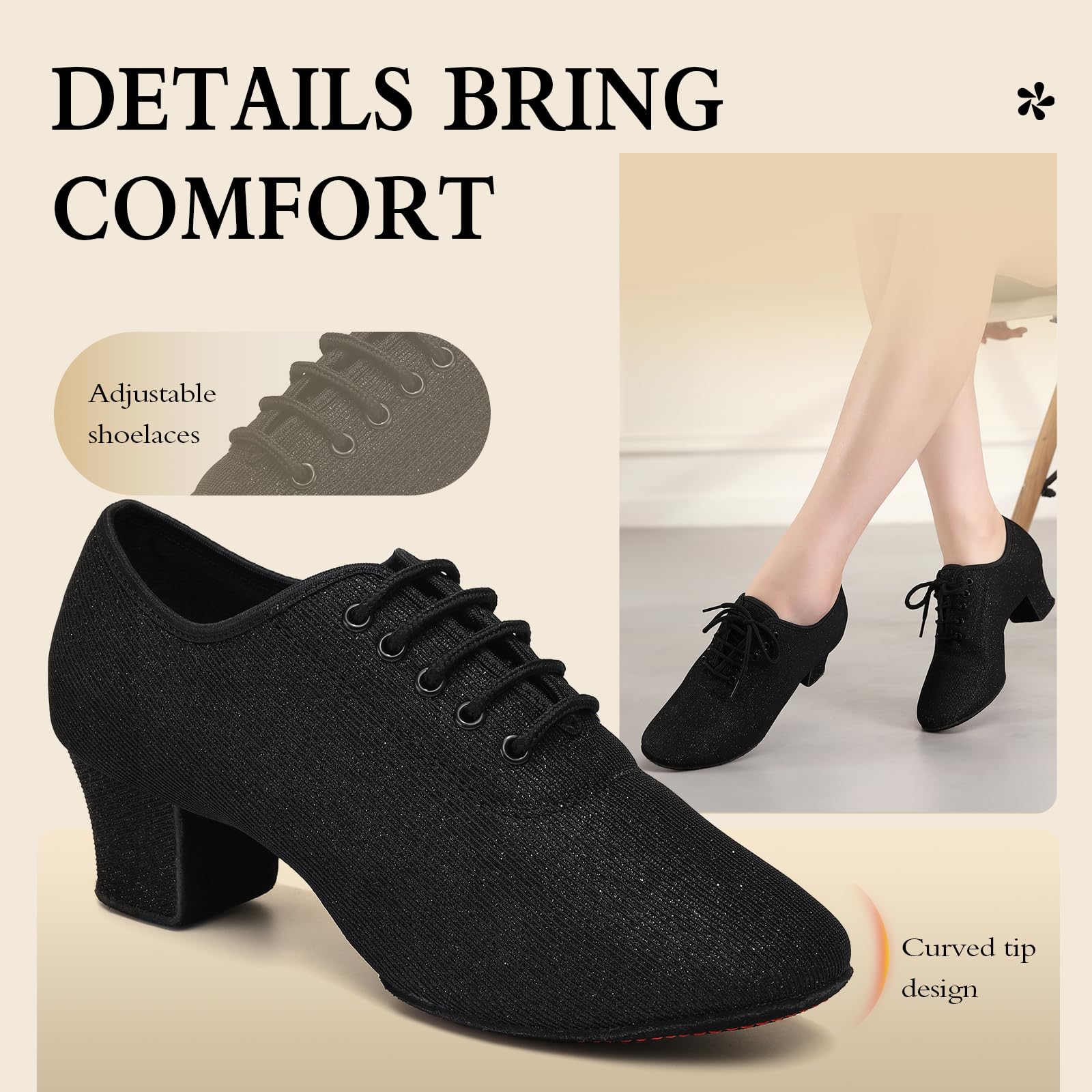 Damskie Buty do Tańca Latynoskiego Czarne Sznurowane Buty do Tańca Towarzyskiego Buty do Tańca dla Nauczycieli Salsy, 38 EU
