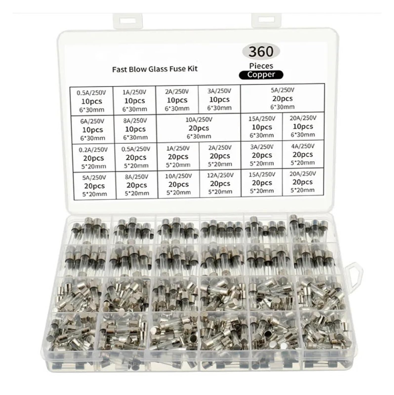 360 szt. 5 x 20 mm 6 x 30 mm szklana rurka zestaw bezpieczników zestaw szybkiego przedmuchu 0,2A-20A zamiennik