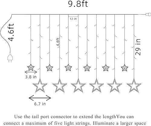 Miniatura 5 de WANTONG Luces de cortina de estrella 12 estrellas 138 luces LED luces LED de cortina de ventana para dormitorio con 8 modos intermitentes para