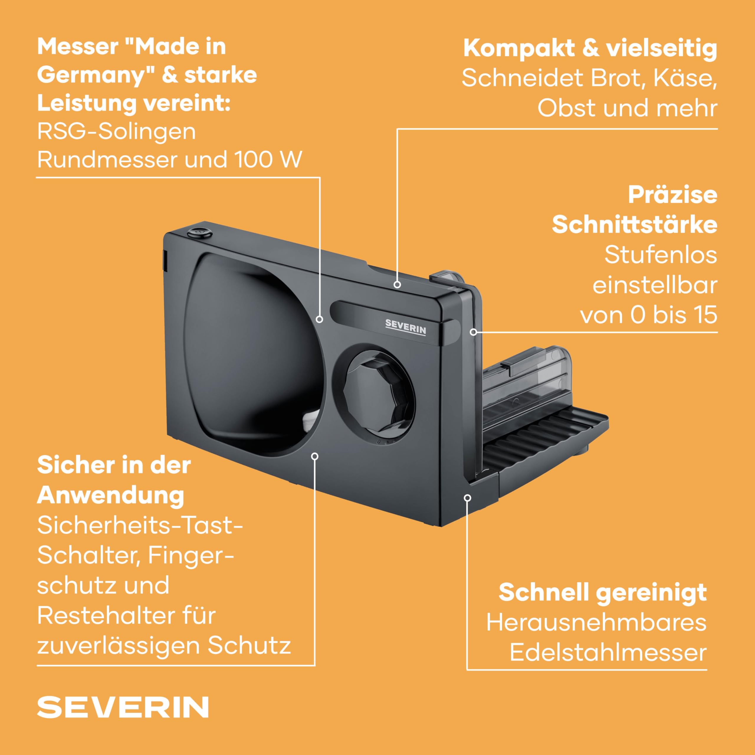 SEVERIN Allesschneider AS 9595 Brotschneidemaschine stufenlos einstellbarer Schnittstärke Fingerschutz schwarz