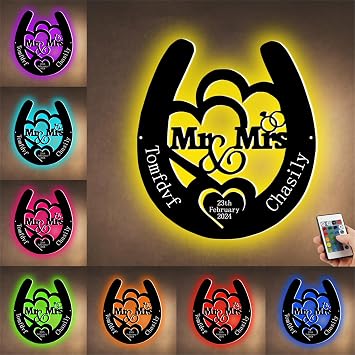 Personalized Horseshoe Metal Sign with Initial Custom Couple Name Metal Sign with Led Light Wedding Horseshoe Metal Wall Art Sign Horse Lover Gift Horseshoe Living Room Decor,Style 6