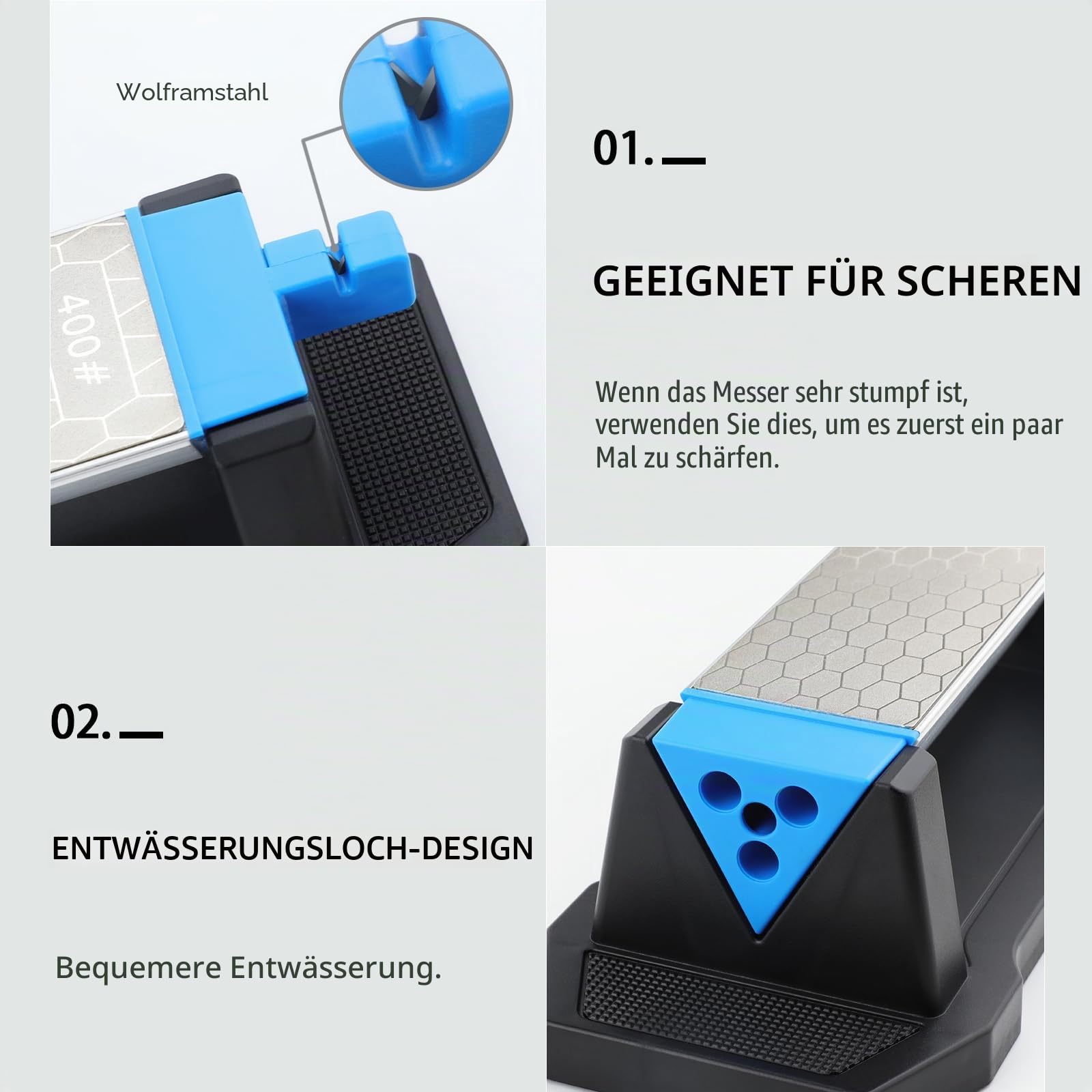 KITANIS Diamant-Schleifstein, 3-seitig, Körnung 400/1000/6000, hochwertiger industrieller Diamant- und Keramik-Schleifstein, Messerschärfer, Stein mit Kantengriffhalter und rutschfester Unterseite