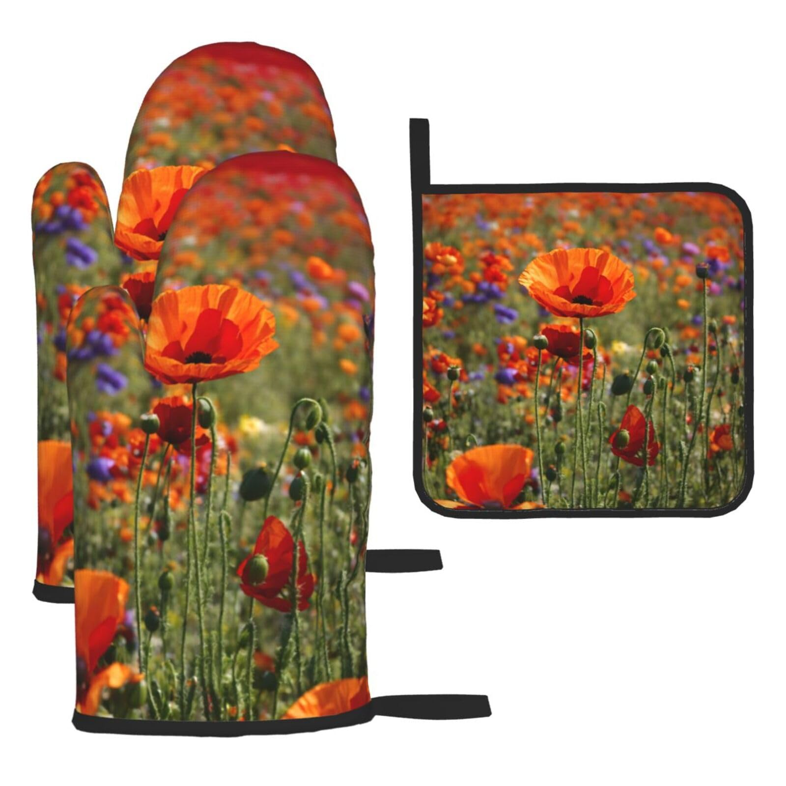 Poppy Flowers Print Oven Kitchen Gloves For Baking Outdoor Grilling Home Use Mitts Microwaving Bbq