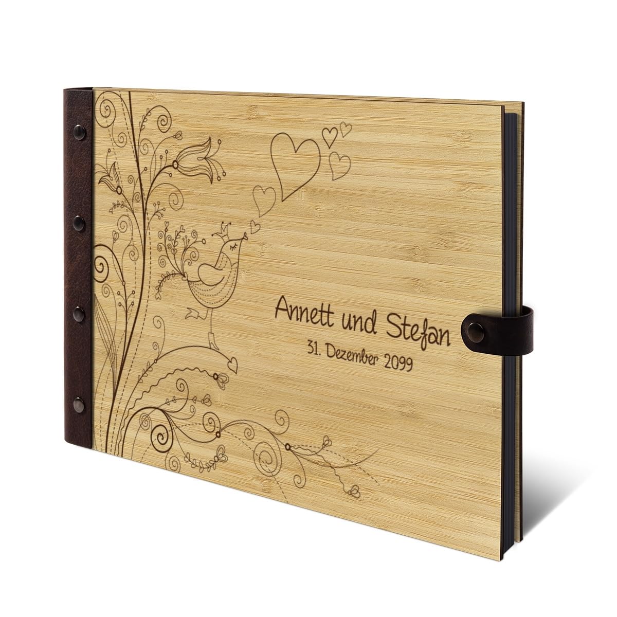 Personalisiertes Hochzeit Gästebuch echtes Holz DIN A4 Hochzeitsbuch mit Lasergravur - Liebesbaum - mit 72 Blatt / 144 Seiten Naturpapier Weiß