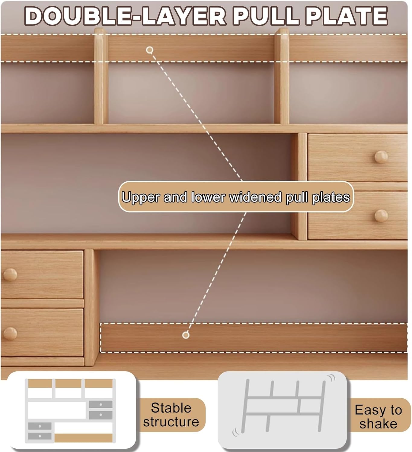 Wooden Office Storage Rack,Open Desktop Storage Shelf,Computer Desktop Bookshelf with 4 Closed Drawers,3-Tier Dorm Desk Hutch,Multipurpose Display Rack,for Home Office Dorm Gaming Desk